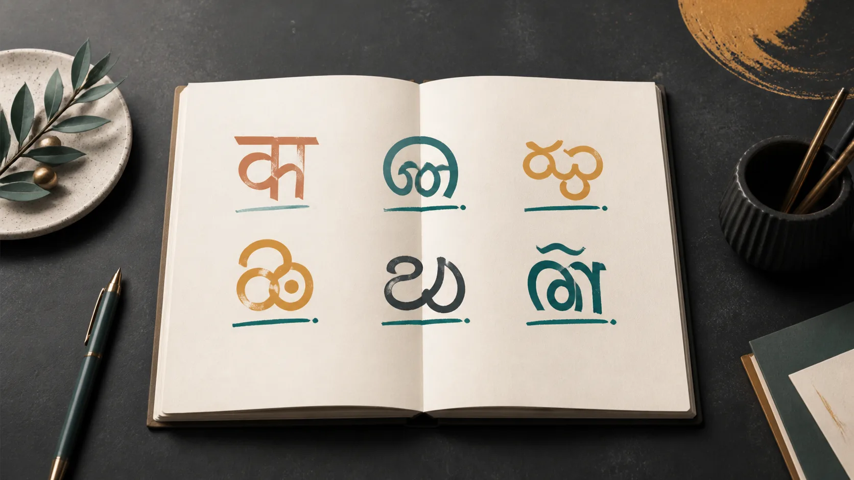 A paper notebook with abstract Indian-language marks and teal correction lines
