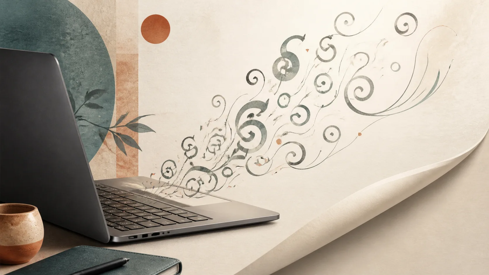 A laptop keyboard sending abstract Tamil script forms across a paper page