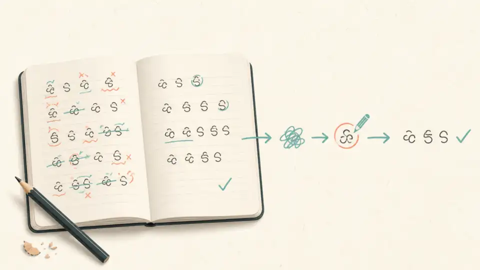 An annotated notebook showing a rough sentence moving through corrections to a checked line.