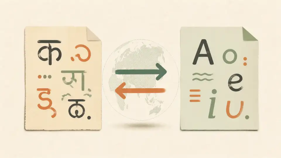 Two paper language panels connected by a two-way arrow over a subtle globe.