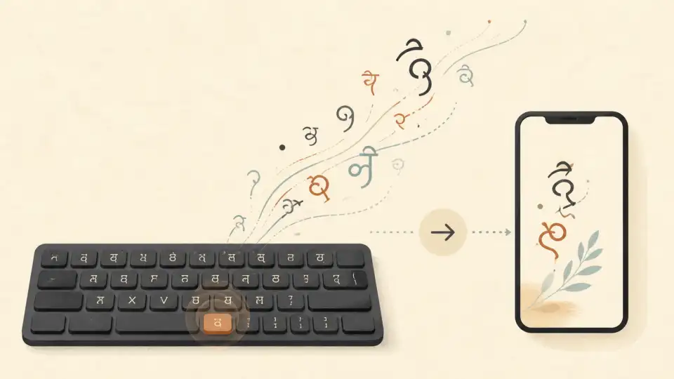 A keyboard sending abstract Indian-script-like glyphs toward a phone screen.