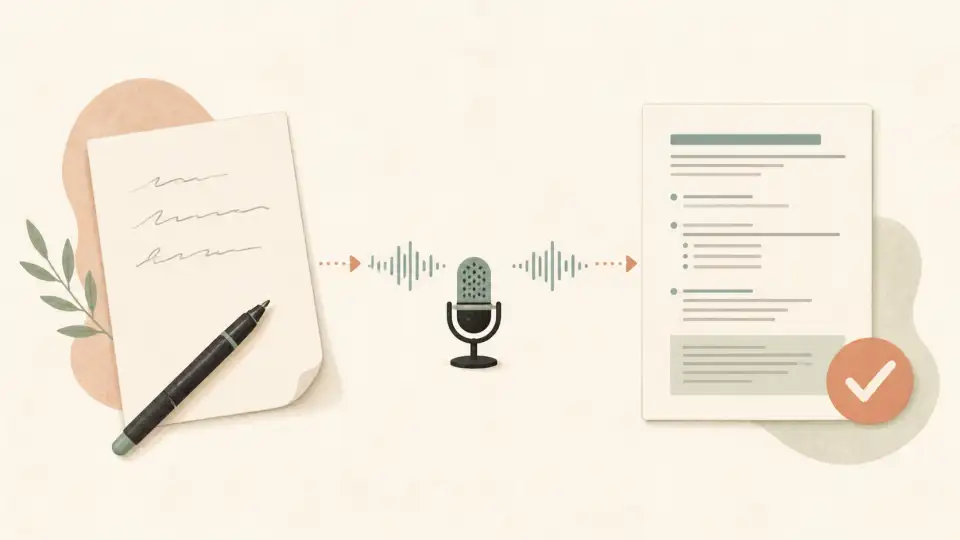 A rough page becoming a structured checked page through a microphone and sound waves.
